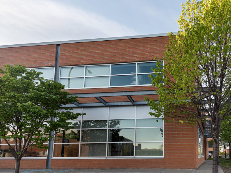 brick office building with glass windows by trees